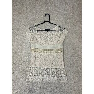 One September Boho Top Womens Small Ivory Open Knit Crochet Coastal Y2K